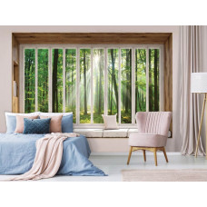 3D-Perspektive Fototapete Blick auf sonnigen Wald aus dem Fenster im Schlafzimmer.