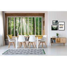 3D-Perspektive Fototapete Blick auf sonnigen Wald aus dem Fenster im Wohnzimmer.