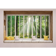 3D-Perspektive Fototapete mit Blick auf sonnigen Wald sichtbar durch ein Fenster.
