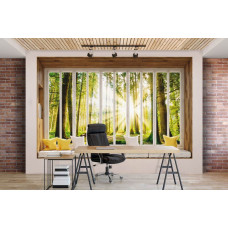 3D-Perspektiv-Fototapete mit Blick aus dem Fenster eines sonnigen Waldes im Büro.