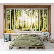 3D-Perspektiv-Fototapete mit Blick aus dem Fenster eines sonnigen Waldes mit Vlies im Schlafzimmer.