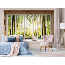 3D-Perspektiv-Fototapete mit Blick aus dem Fenster eines sonnigen Waldes im Schlafzimmer.