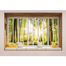 3D-Perspektiv-Fototapete eines sonnigen Waldes aus einem Fenster.