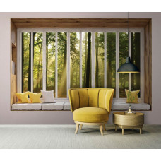 3D-Perspektive Fototapete Blick aus dem Fenster auf sonnigen Wald im Schlafzimmer.