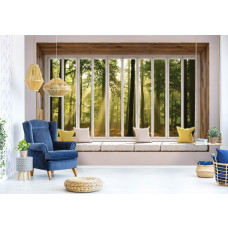 3D-Perspektive Fototapete Blick aus dem Fenster auf sonnigen Wald im Wohnzimmer.