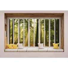 Blick auf sonnigen Wald durch ein Fenster in 3D-Perspektive auf Fototapete.