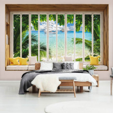 3D-Perspektiv-Fototapete mit Meerblick durch ein Fenster im Bett.