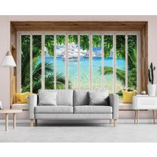 3D-Perspektiv-Fototapete mit Meerblick durch ein Fenster im Wohnzimmer.