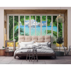 3D-Perspektiv-Fototapete mit Meerblick durch ein Fenster im Schlafzimmer.