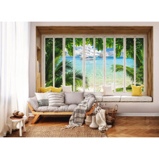 3D-Perspektiv-Fototapete mit Meerblick durch ein Fenster im Wohnzimmer.