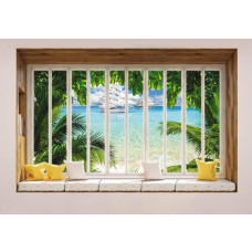 Meerblick durch ein Fenster auf einer 3D-Perspektiv-Fototapete.