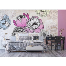 Eine Vintage-Fototapete mit einer Blumenkomposition im Retro-Stil, die einen lebendigen und Retro-Look in einem Schlafzimmer bietet.