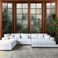 Eine Fototapete mit 3D-Fensterblick auf einen nebligen Wald in einem gemütlichen Wohnraum.