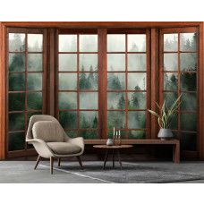 Eine Fototapete mit 3D-Fensterblick auf einen nebligen Wald in einem ruhigen Wohnzimmer.