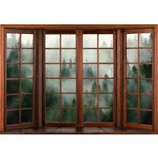 Fototapete mit 3D-Fensterblick auf einen nebligen Wald, mit einer mysteriösen Ausstrahlung.