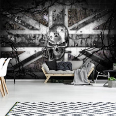 Eine Alchemie-Fototapete mit englischer Flagge und Totenkopf für das Wohnzimmer.