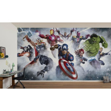 Tapete Avengers Bereit Für Den Kampf im Kinderzimmer mit Captain America, Iron Man, Thor, Hulk und weiteren Marvel Helden vor einem dynamischen Hintergrund.