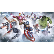 Marvel Avengers Tapete mit Captain America, Iron Man, Thor, Hulk, Black Panther, Black Widow und weiteren Superhelden bereit für den Kampf.