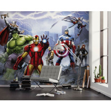 Tapete Avengers Ultimative Superhelden im Kinderzimmer mit Iron Man, Hulk, Thor und Captain America auf einer spektakulären Marvel Wand.