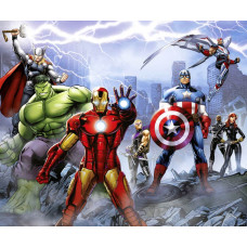 Marvel Avengers Tapete mit Iron Man, Hulk, Thor, Captain America, Black Widow, Hawkeye, Falcon und Nick Fury vor einer actionreichen Kulisse.