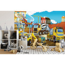 Eine Fototapete mit einer Baustelle, Baggern und Kränen, perfekt für eine Kindertapete.