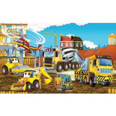 Kindertapete mit Baggern und Baustellenkränen, perfekt für ein cooles Kinderzimmer.