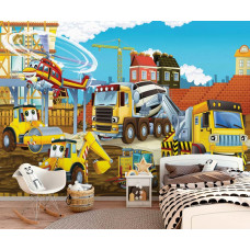 Eine coole Fototapete mit Baggern und Baufahrzeugen auf einer Baustelle für ein Jungenzimmer.