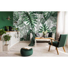 Eine botanische Fototapete mit Dschungelblättern und einem Dschungel-Zimmer-Stil auf dem Display im Wohnzimmer.