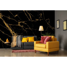 Eine elegante Vliestapete mit Gold- und Schwarzmarmor, geeignet für ein Wohnzimmer.
