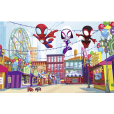 Tapete mit Spidey, Ghost-Spider und Miles Morales, die über einem bunten Freizeitpark fliegen.