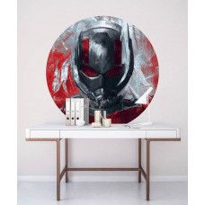 Ein Tapetenkreis mit einem Bild von Ant-Man aus Avengers, Marvel-Thema, sichtbar in einem Kinderzimmer.