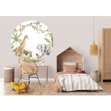 Ein Tapetenkreis mit Dschungeltieren und einem natürlichen Hintergrund, ideal für ein Kinderzimmer.