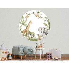 Ein Tapetenkreis mit Dschungeltieren in natürlicher Umgebung, speziell für ein Kinderzimmer entworfen.
