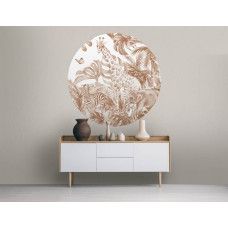 Ein stilvoller Tapetenkreis mit Dschungeltieren in Terrakotta-Tönen, passend für ein Wohnzimmer.