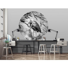 Ein Wandkreis mit einem schwarz-weißen Kranich-Design, geeignet für ein Büro.