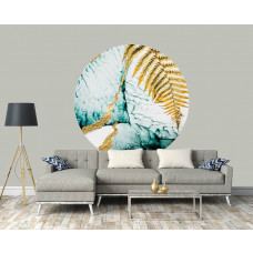 Ein stilvoller Tapetenkreis mit einem luxuriösen Look aus Marmor und goldenen Farnblättern, perfekt für ein Wohnzimmer.