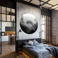 Tapetenkreis mit nebligem Wald und Bäumen in der Natur.