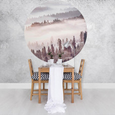 Ein Wandkreis mit einem stimmungsvollen Wald im Nebel, ideal für eine Küche.