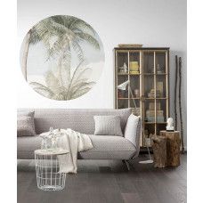 Ein stimmungsvoller Tapetenkreis mit pastellfarbenen Palmen, geeignet für ein Wohnzimmer.