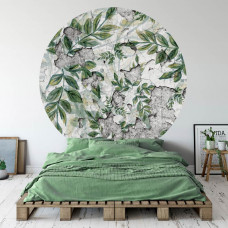 Ein Tapetenkreis mit Industriepflanzen vor einem Hintergrund in Betonoptik, perfekt für ein schlichtes Schlafzimmer.