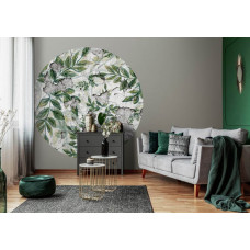 Ein Tapetenkreis mit Industriepflanzen vor einem Hintergrund in Betonoptik, ideal für ein modernes Wohnzimmer.