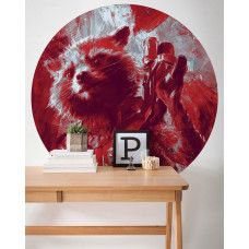 Ein Tapetenkreis mit einem Bild von Rocket Raccoon aus Avengers, Marvel-Thema, sichtbar in einem Kinderzimmer.