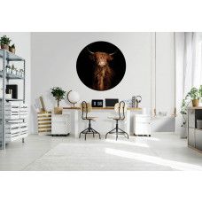 Ein Tapetenkreis mit einem schottischen Highlander, passend für ein stimmungsvolles Wohnzimmer.