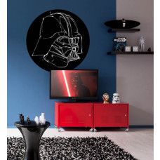 Ein Tapetenkreis mit Darth Vader im Tuschestil, Thema Star Wars, sichtbar in einem Kinderzimmer.