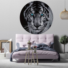 Tapetenkreis mit Tiger mit leuchtend blauen Augen für das Schlafzimmer.