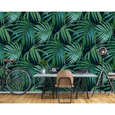 Fototapete mit Dschungelblättern in Grüntönen, perfekt für das Büro.