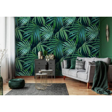 Fototapete mit Dschungelblättern in Grüntönen, geeignet für das Schlafzimmer.