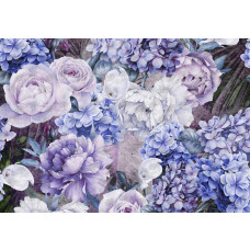 Lila und blaue florale Fototapete, abstrakte Formen und Farben.