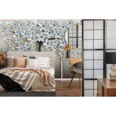 Abstrakte Fototapete eines Blumenbaums im Schlafzimmer.