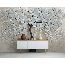 Abstrakte Fototapete eines Blumenbaums im Wohnzimmer.